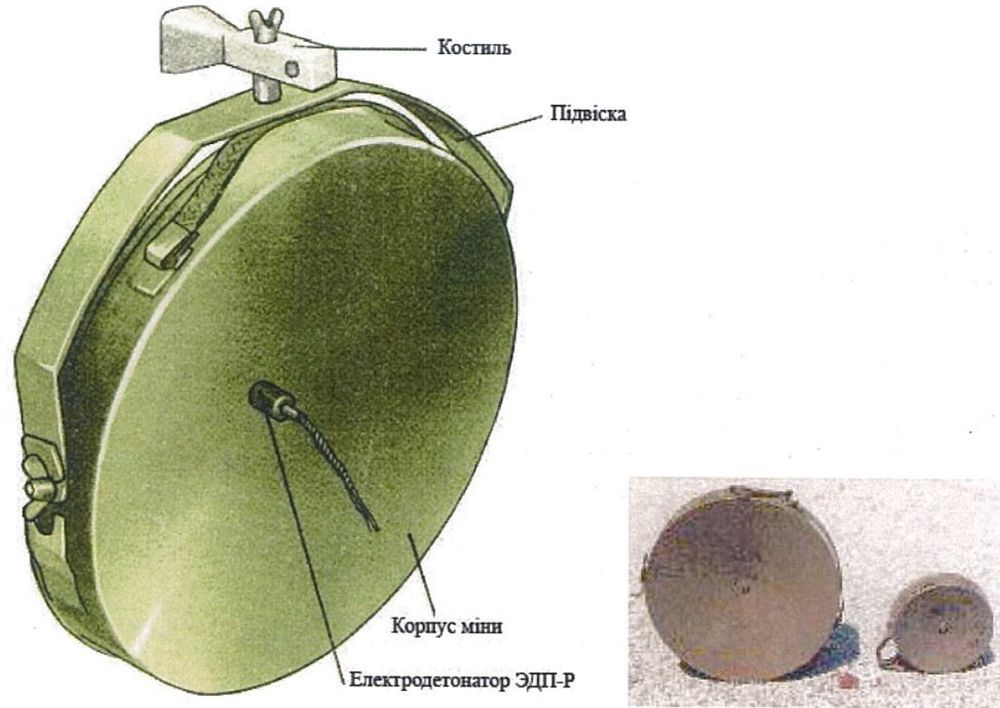 Міна МОН-200, загальний вигляд. Справа показано порівняльні розміри міни МОН-200 та МОН-100