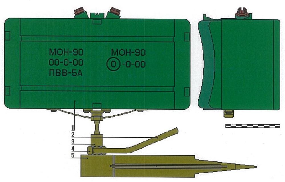 Міна МОН-90, загальний вигляд ззаду та збоку: 1 - Корпус; 2 - Рукоятка; 3 - Штанга; 4 - Гайка; 5 - Штир