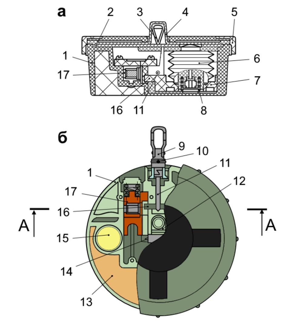 Протипіхотна міна ПМН-2: а - розріз міни; б - вид згори; 1 - корпус; 2 - кришка; 3 - хрестовина; 4 - ковпак; 5 - накидна гайка; 6 - сильфон; 7 - втулка з діафрагмою; 8 - пружина; 9 - запобіжна чека; 10 - зрізна чека; 11 - шток чеки; 12 - шток натискного датчика; 13 - заряд; 14 - ударник; 15 - допоміжний детонатор; 16 - зуб втулки; 17 - рушій з капсулем-детонатором.
