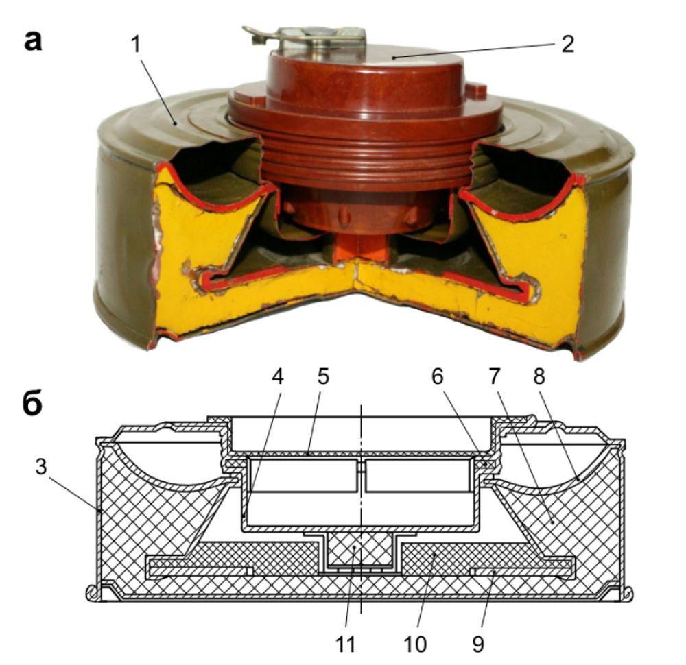 Cхема протиднищевої міни ТМ-72 з підривником МВП-62: а - загальний вигляд, б - в розрізі, без підривача; 1 - міна, 2 - підривник МВП-62, 3 - корпус, 4 - стакан, 5 - пробка, 6 - гумова прокладка, 7 - заряд вибухової речовини, 8 - облицювання кумулятивної площини, 9 - шайба, 10 - вкладиш, 11 - додатковий детонатор.