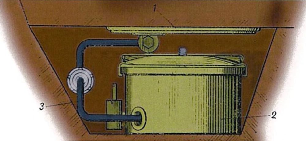 Встановлення міни МС-6Щ: 1 - протищуповий датчик; 2 - блок управління; 3 - з'єднувальний кабель