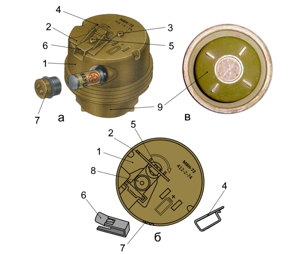 Підривник МВН-72: а - загальний вид (транспортне положення); б - вид зверху (шпилька та запобіжна чека зняті, відкидна ручка піднята); в - вид знизу; 1 - корпус; 2 - відкидна ручка; 3 - пломба; 4 - шпилька; 5 - виступ на ручці; 6 - запобіжна чека; 7 - пробка гнізда для елементу живлення; 8 - кнопка; 9 - піддон