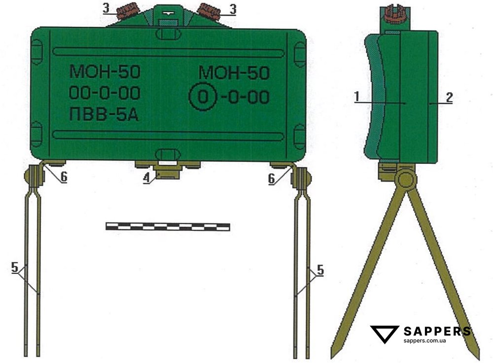 Міна МОН-50, загальний вигляд ззаду та збоку: 1 - Корпус; 2 - Кришка; 3 - Пробка; 4 - Фланець, 5 - Ніжки; б - Косинець