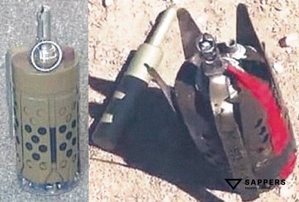 Міна-граната МИБ, зліва - загальний вигляд. Фото справа - МИБ знайдена у загиблого російського найманця в Сирії