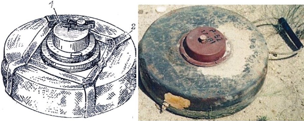 Зліва міна ТМ-62Т з детонатором МВП-62(1) та з'ємною синтетичною ручкою. Справа міна ТМ-62Т з детонатором МВ-62 та нез'ємною ручкою.