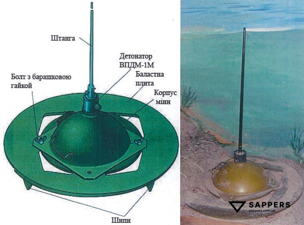 Міна ПДМ-1М, загальний вигляд та постановка на дно у воді
