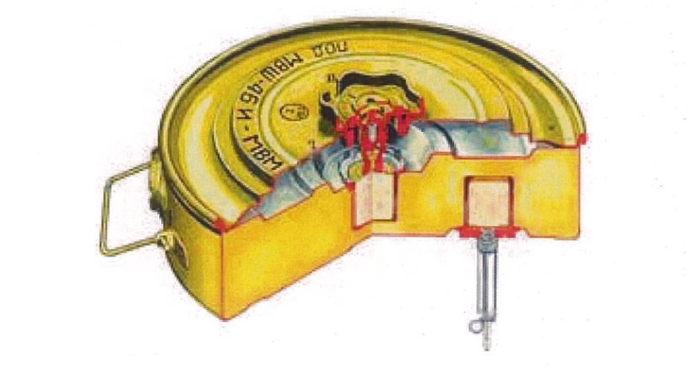 Міна ТМН-46 в розрізі з детонатором МВМ, та детонатором незнешкодження МУВ