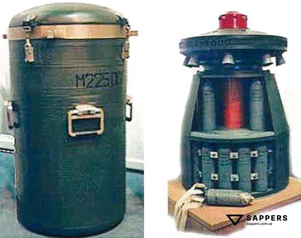 Міна М-225, загальний вигляд - зліва, та в розрізі. Перед розрізом міни лежить вражаючий елемент