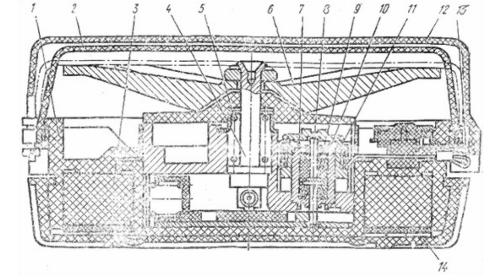 Будова міни:<br/> 1 - корпус; 2 - гумовий ковпак; 3 - заряд вибухової речовини; 4 - шток; 5 - пружина; 6 - хрестовини; 7 - пружина; 8 - шток; 9 - шток; 10 - каучук; 11 - втулка запобіжно-виконавчого механізму; 12 - кришка-чека; 13 - канатик; 14 - кришка.