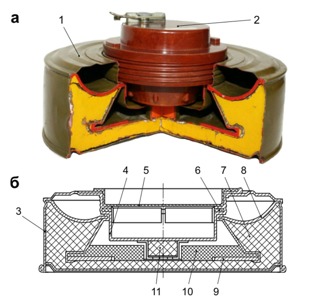 Схема протиднищевої міни ТМ-72 з підривником МВП-62: а - загальний вигляд, б - в розрізі, без підривача; 1 - міна, 2 - підривник МВП-62, 3 - корпус, 4 - стакан, 5 - пробка, 6 - гумова прокладка, 7 - заряд вибухової речовини, 8 - облицювання кумулятивної площини, 9 - шайба, 10 - вкладиш, 11 - додатковий детонатор.
