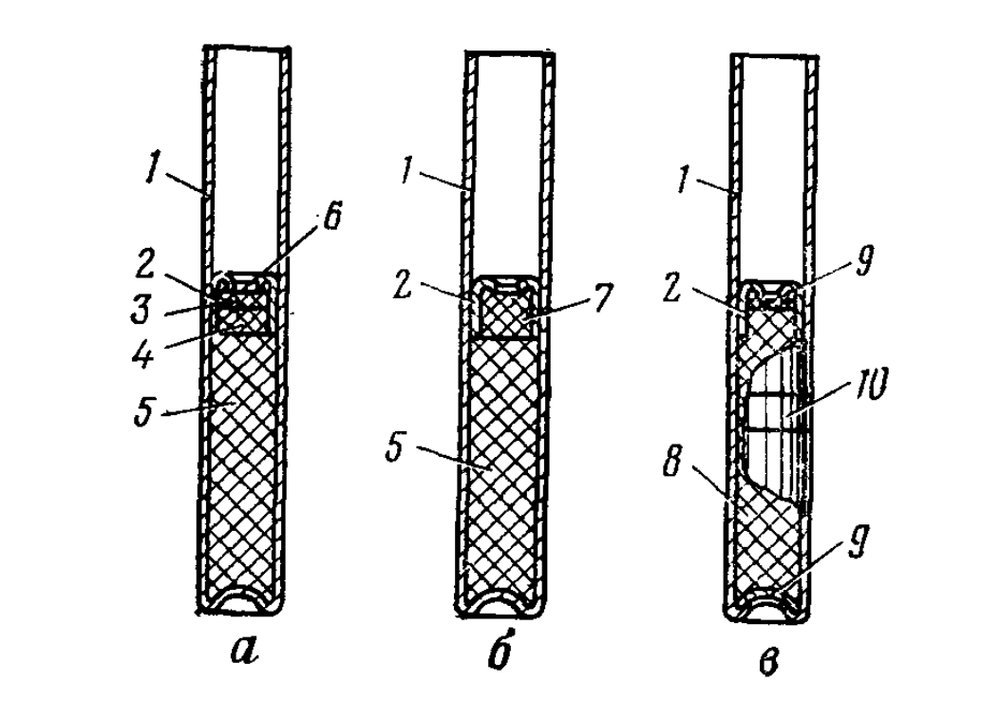 Капсулі-детонатори: а — № 8-А; б — № 8-М; в — навчальний; 1 — гільза; 2 — чашечка; 3 — ТНРС; 4 — азид свинцю; 5 — тетрил (тен або гексоген); 6 — сітка; 7 — гримуча ртуть; 8 — інертна речовина; 9 — картонний кружок; 10 — біла смуга (поясок).