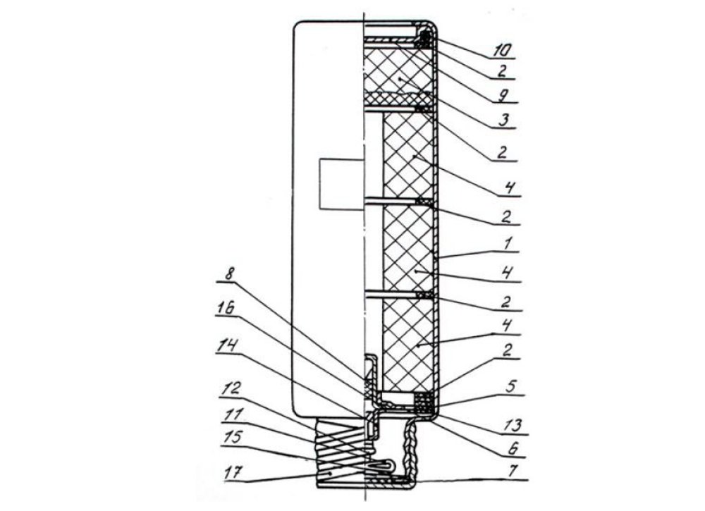 1 — корпус; 2 — кільця; 3 — таблетка; 4 — таблетка; 5 — фланець; 6 — прокладка; 7 — гумова прокладка; 8 — сповільнювач; 9 — кришка; 10 — кільце; 11 — шнур; 12 — тертка; 13 — втулка; 14 — капсуль-запалювач тертковий 57КВ-625; 15 — кільце; 16 — прокладка; 17 — ковпачок.