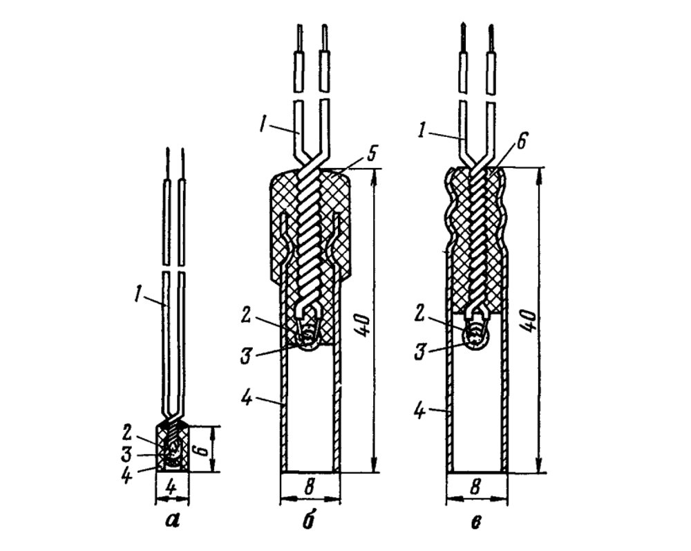 Електрозапалювачі: а — НХ-10-1,5 (НХ-ПЧ); б — з платино-іридієвим містком розжарювання з мідною гільзою; в — з платино-іридієвим містком розжарювання з алюмінієвою гільзою;

1 — проводи; 2 — місток розжарювання; 3 — запалювальний склад; 4 — гільза; 5 — мастична пробка; 6 — пластикатна пробка.
