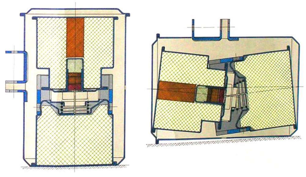 Схеми спрацювання. Ліворуч: при ударі торцем. Праворуч: при ударі боком.